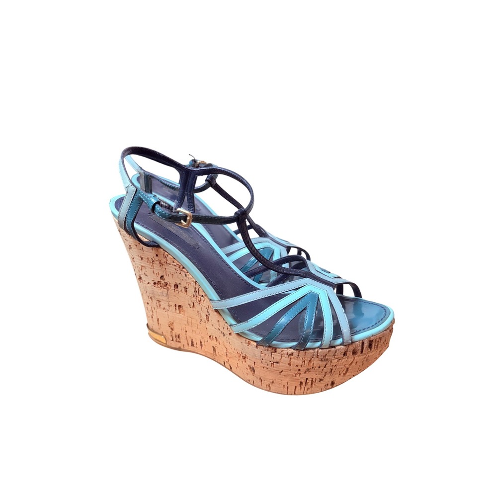 Louis Vuitton Blue Leather Strappy Cork Wedge Platform Sandals T-Strap Heels
